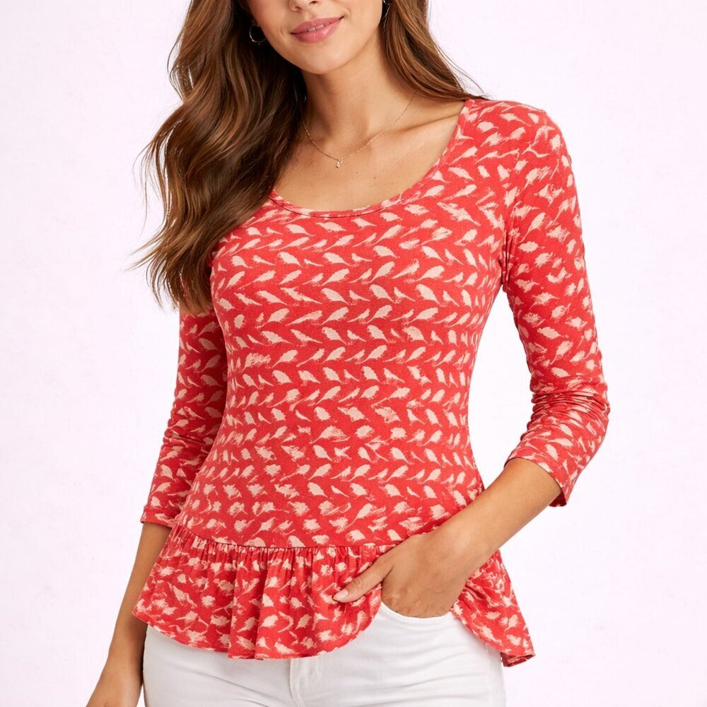 Anthropologie Weston Wear Red/Cream Bird Print Top -Small - NEW WITH TAGS